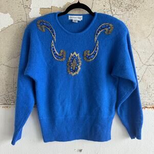 Vtg 80s Sweater Wool Angora  Embellished Blue Gold Womens S Maximalist Hong Kong